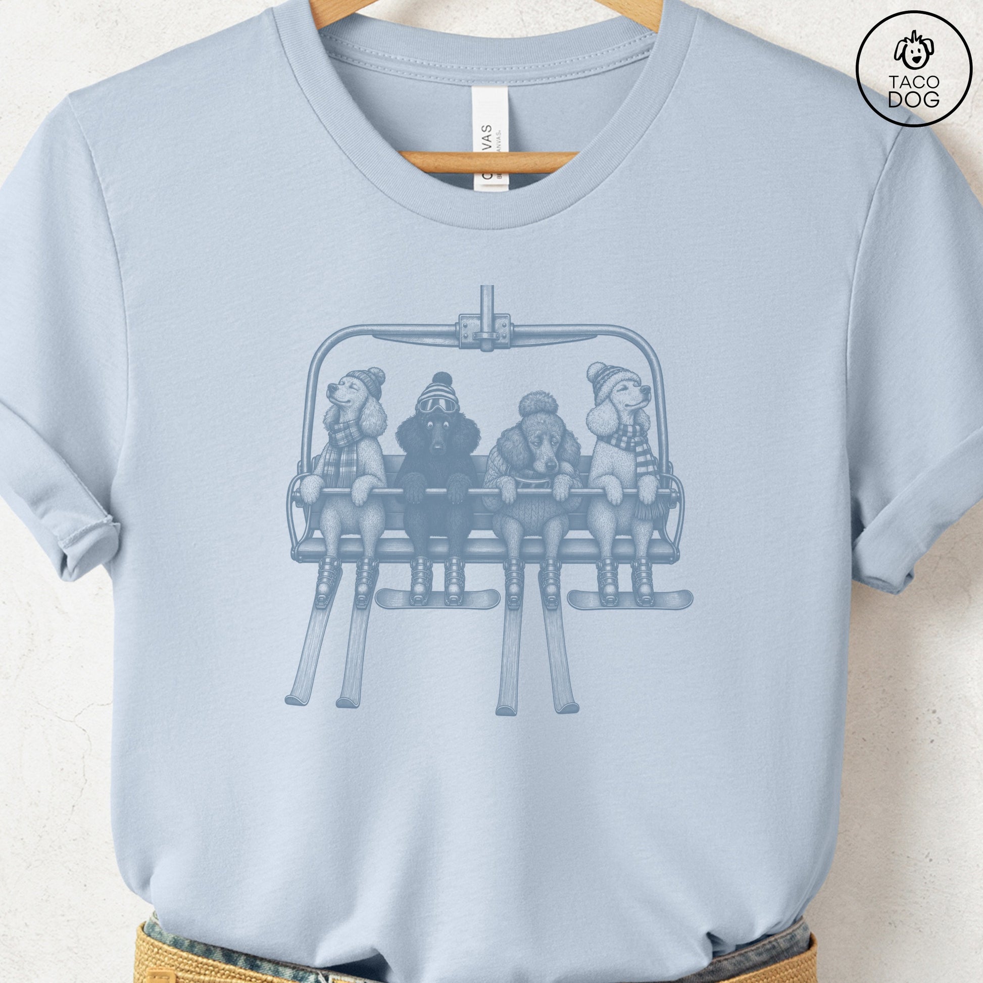 Poodle Chair Lift T-Shirt Light Blue Taco-Dog