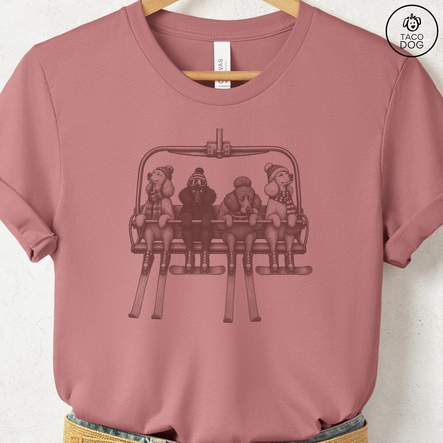 Poodle Chair Lift T-Shirt Heather Mauve Taco-Dog
