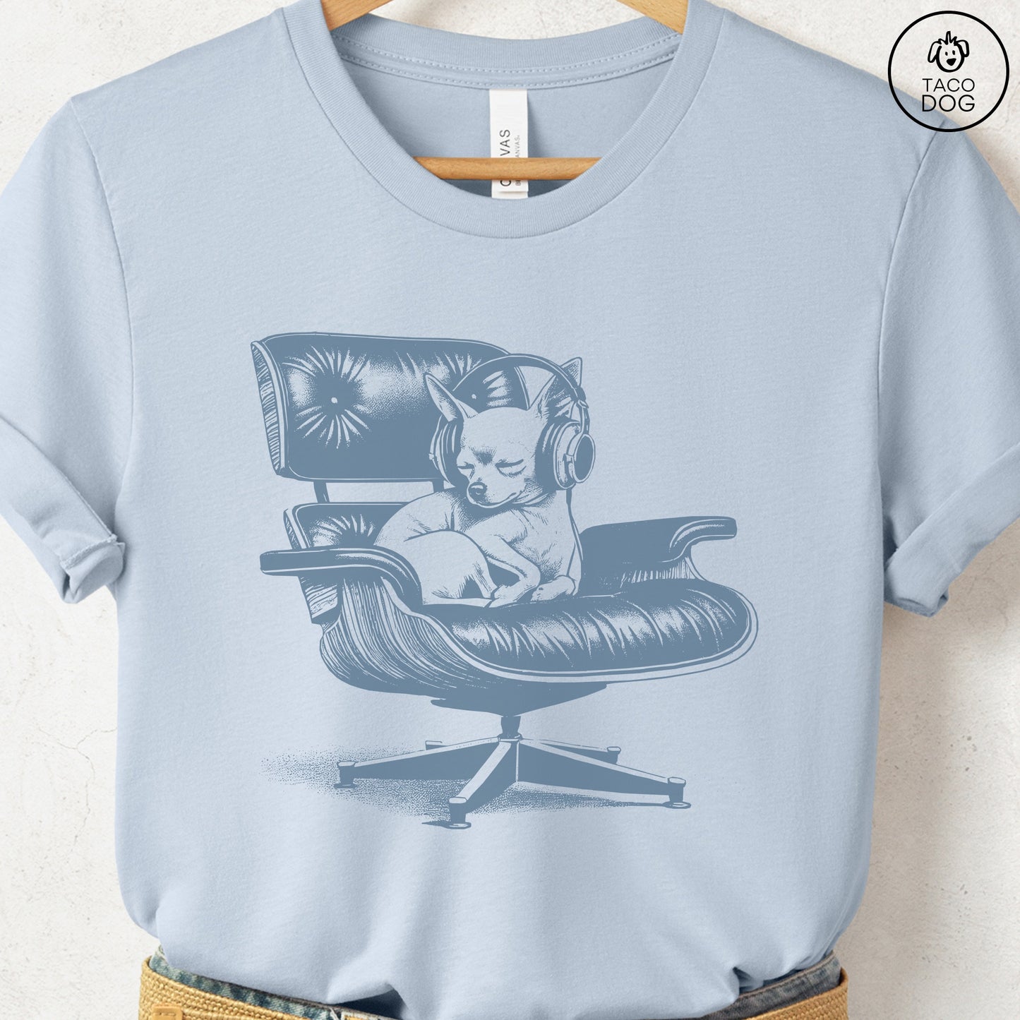Chihuahua Eames Headphones T-Shirt Light Blue XS Taco-Dog