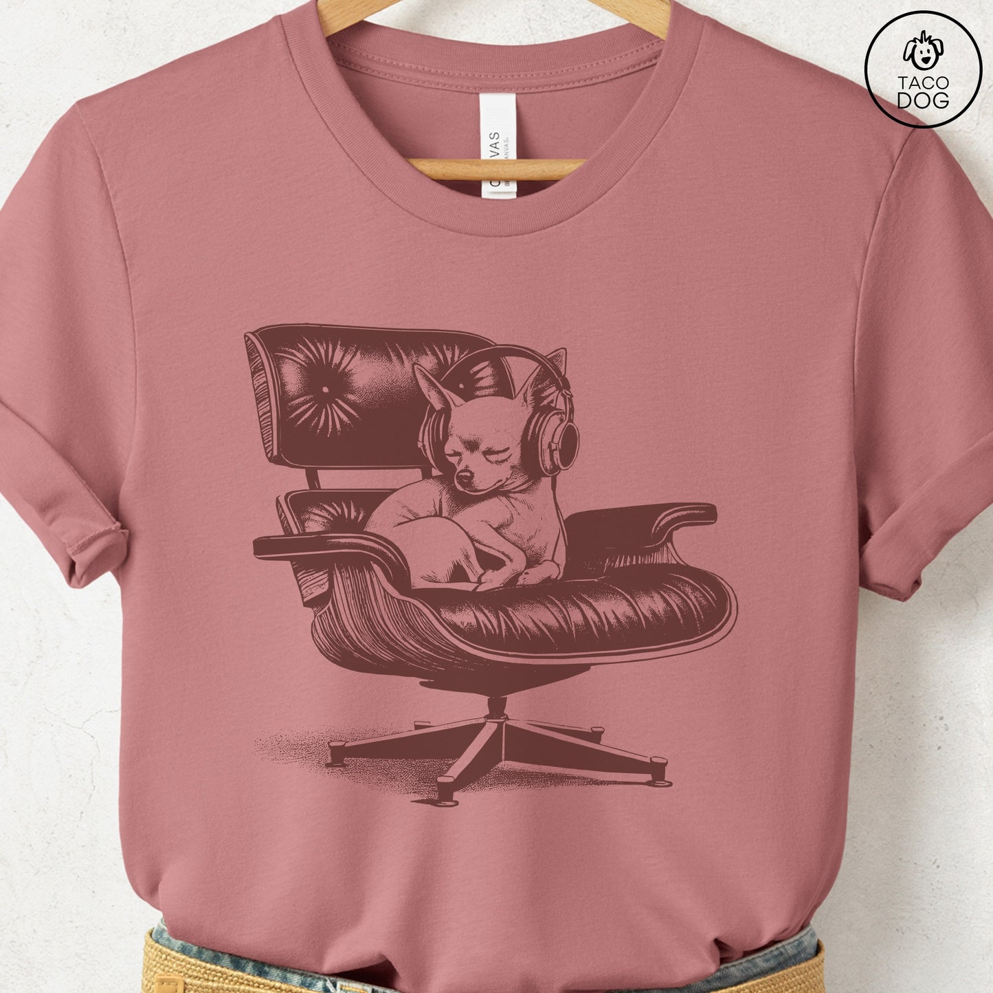 Chihuahua Eames Headphones T-Shirt Heather Mauve XS Taco-Dog