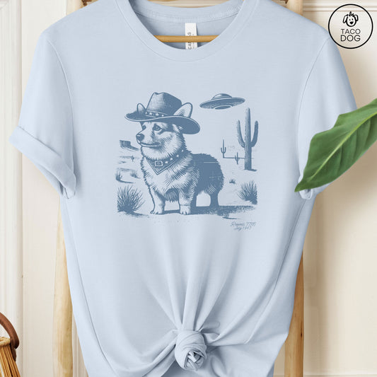 Corgi Cowboy Ink Space Cowboy UFO T-Shirt Light Blue Taco-Dog