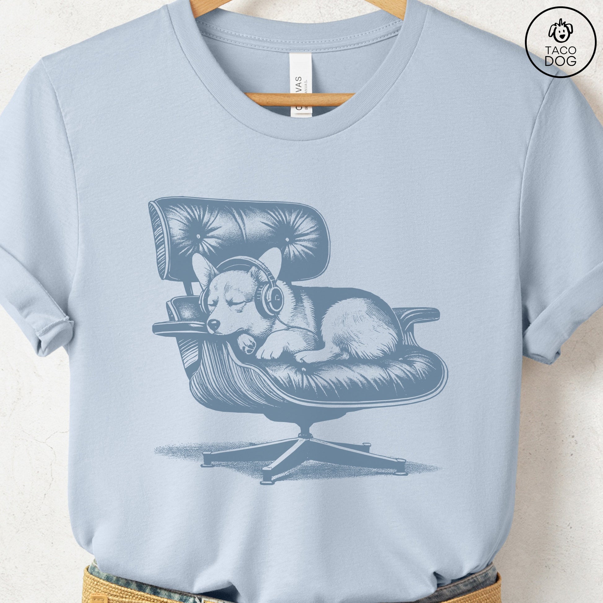 Corgi Eames Headphones T-Shirt Light Blue XS Taco-Dog