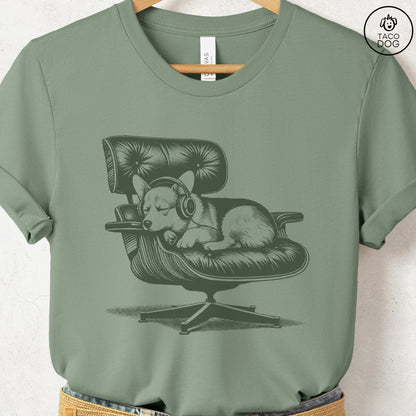 Corgi Eames Headphones T-Shirt Sage XS Taco-Dog