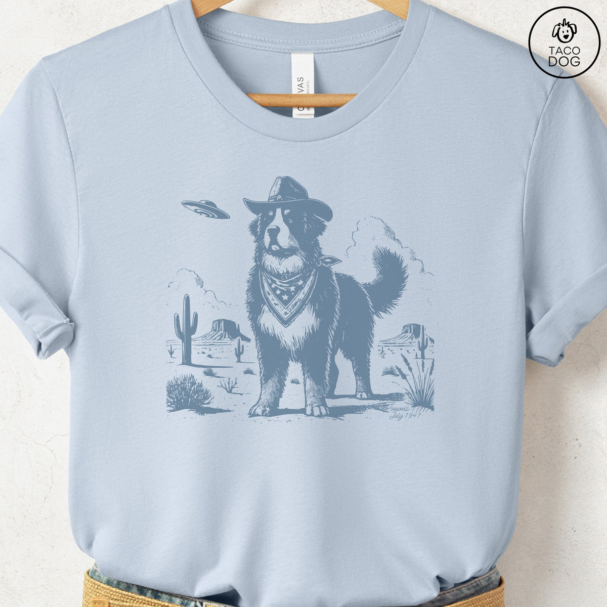 Bernese Mountain Dog Cowboy UFO T-Shirt Light Blue Taco-Dog