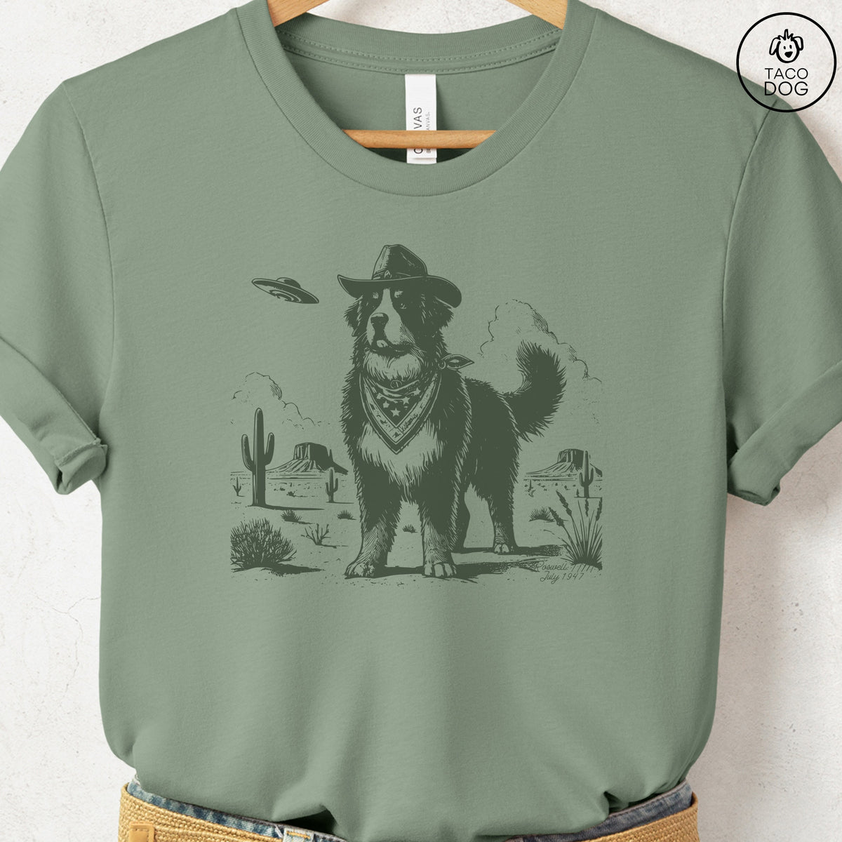Bernese Mountain Dog Cowboy UFO T-Shirt Sage Taco-Dog