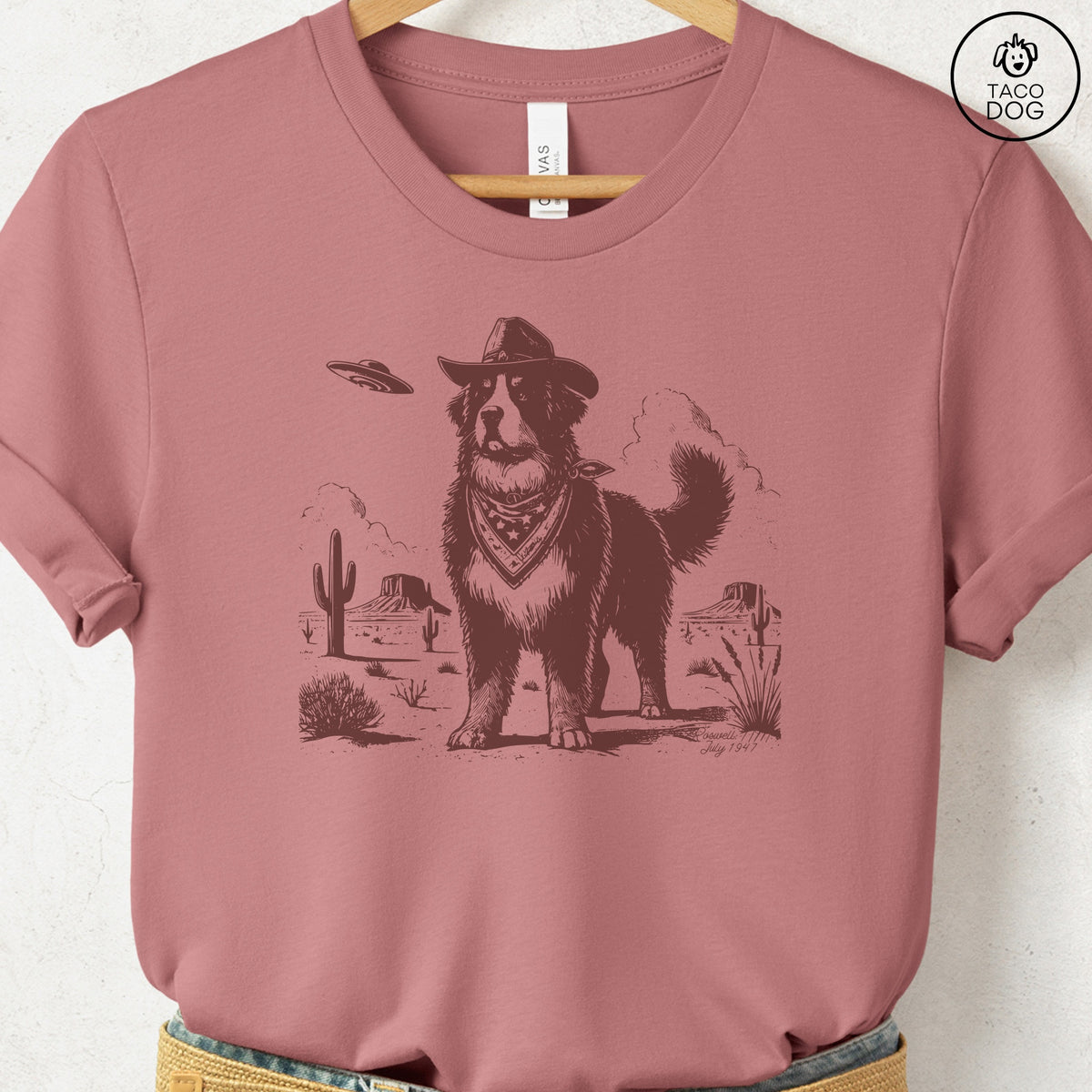 Bernese Mountain Dog Cowboy UFO T-Shirt Heather Mauve Taco-Dog