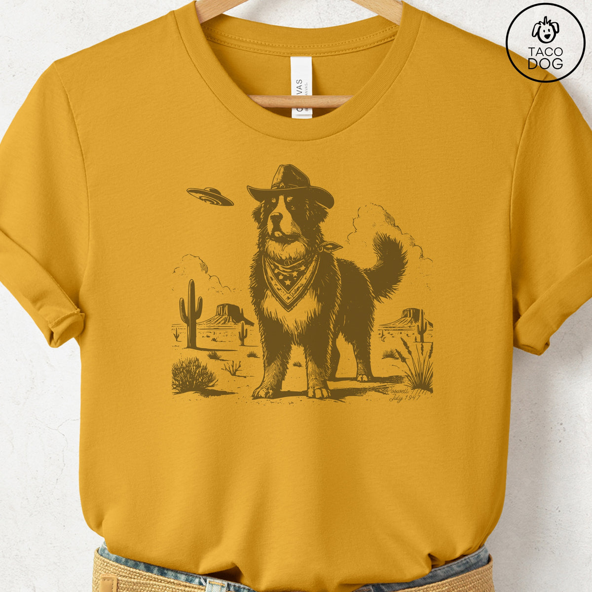 Bernese Mountain Dog Cowboy UFO T-Shirt Mustard Taco-Dog