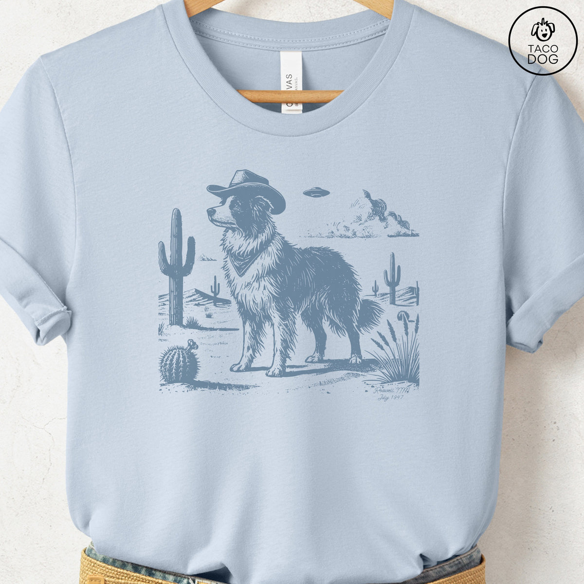 Border Collie Cowboy UFO T-Shirt Light Blue Taco-Dog