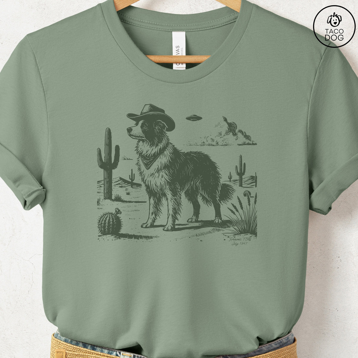 Border Collie Cowboy UFO T-Shirt Sage Taco-Dog
