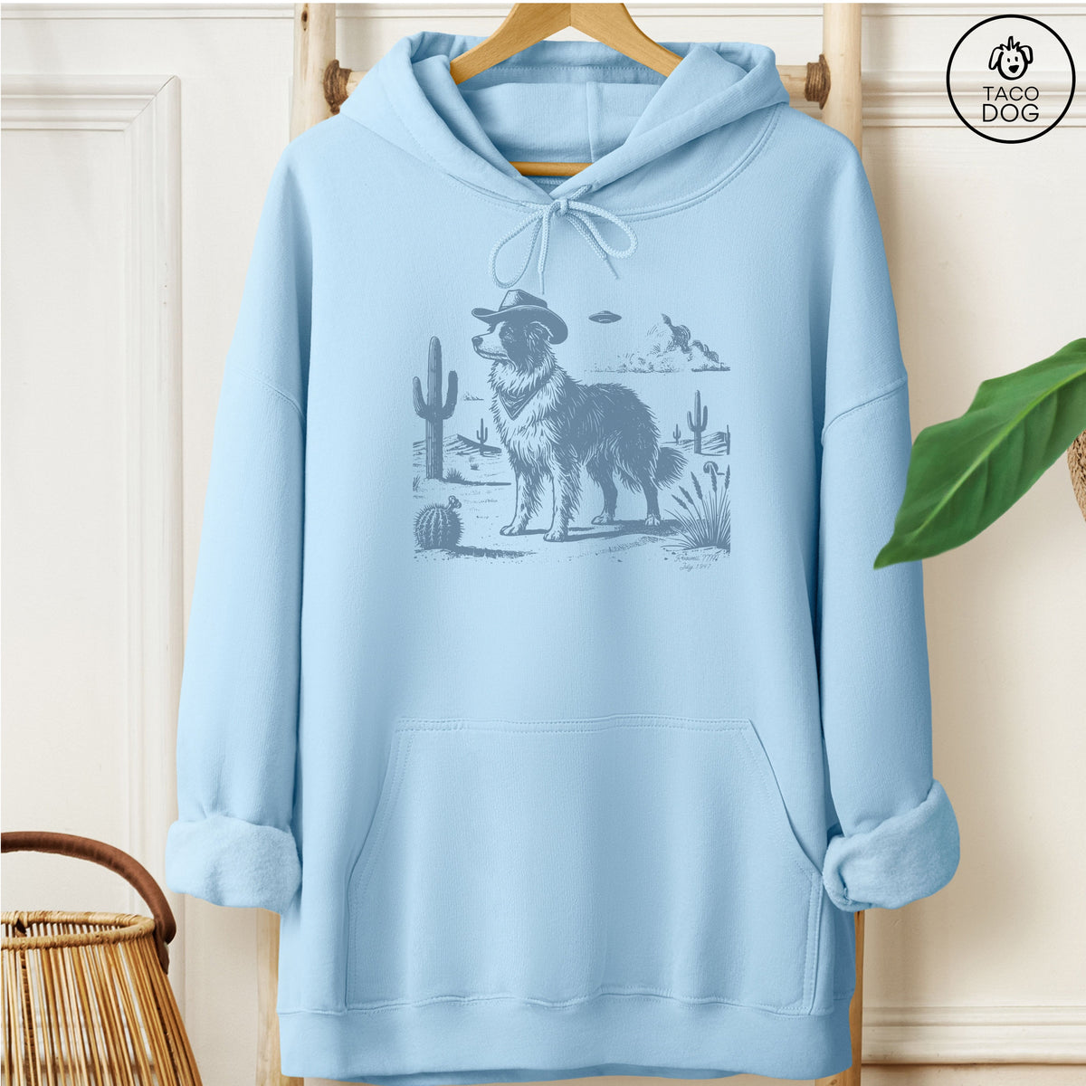 Border Collie Cowboy UFO Hoodie Light Blue Taco-Dog