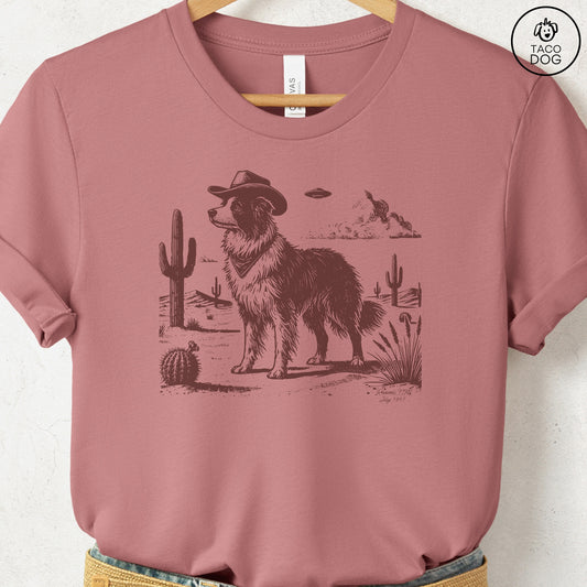 Border Collie Cowboy UFO T-Shirt Heather Mauve Taco-Dog