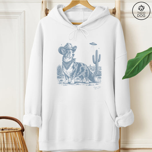 Cardigan Welsh Corgi Cowboy UFO Hoodie White Taco-Dog