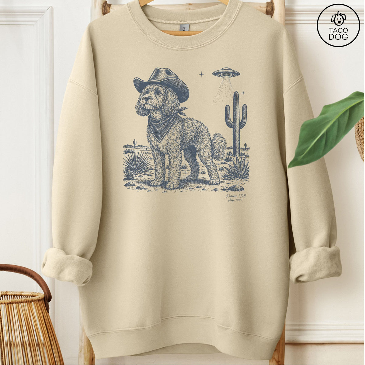 Cavapoo Cowboy UFO Sweatshirt Sand Taco-Dog