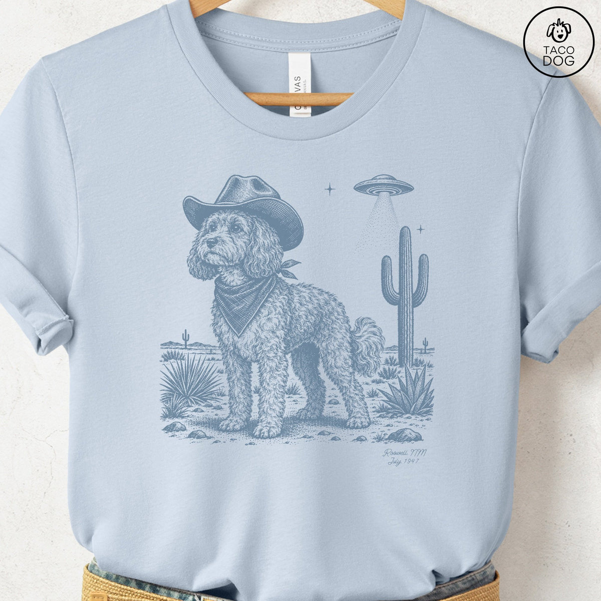 Cavapoo Cowboy UFO T-Shirt Light Blue Taco-Dog