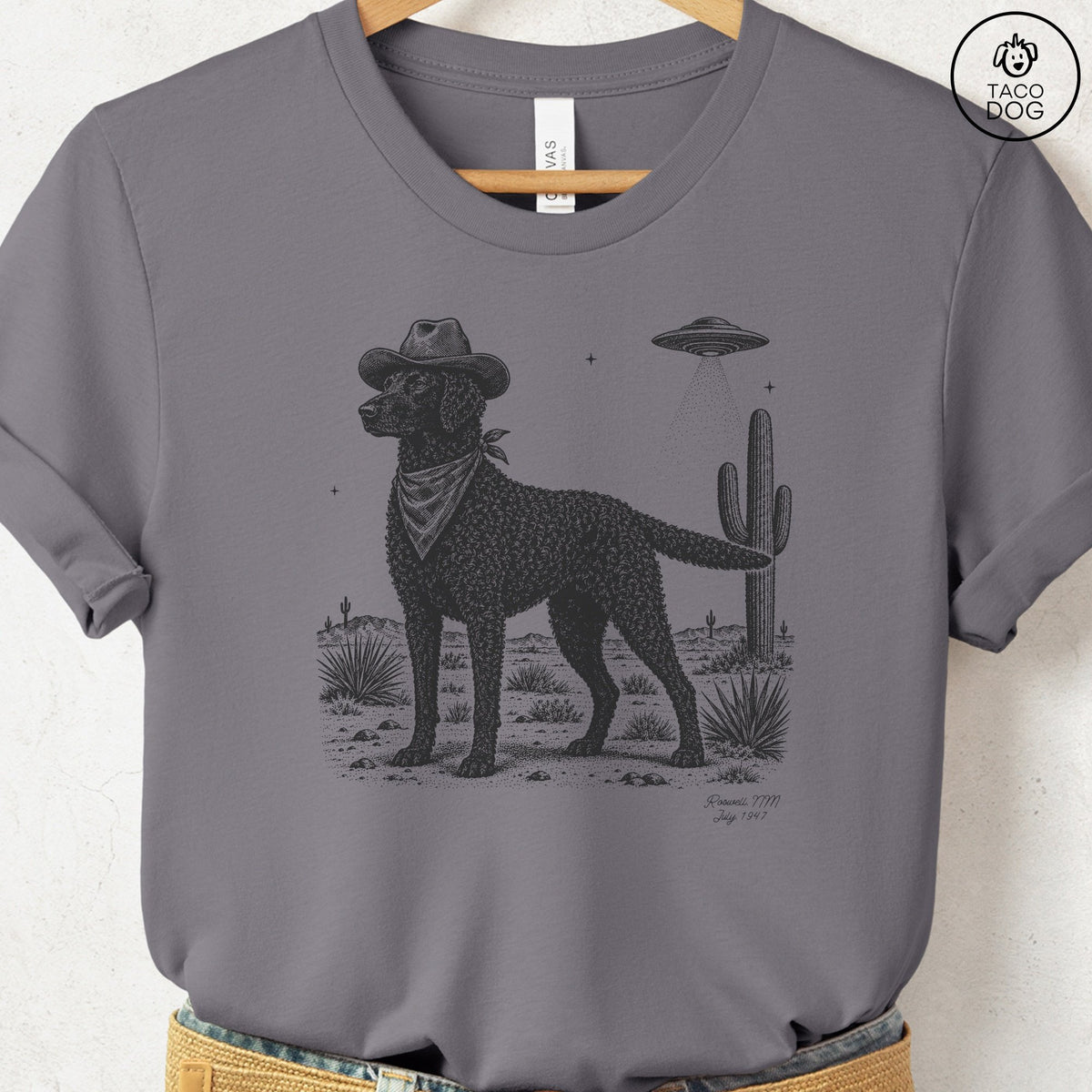 Curly-Coated Retriever Cowboy UFO T-Shirt Storm Taco-Dog