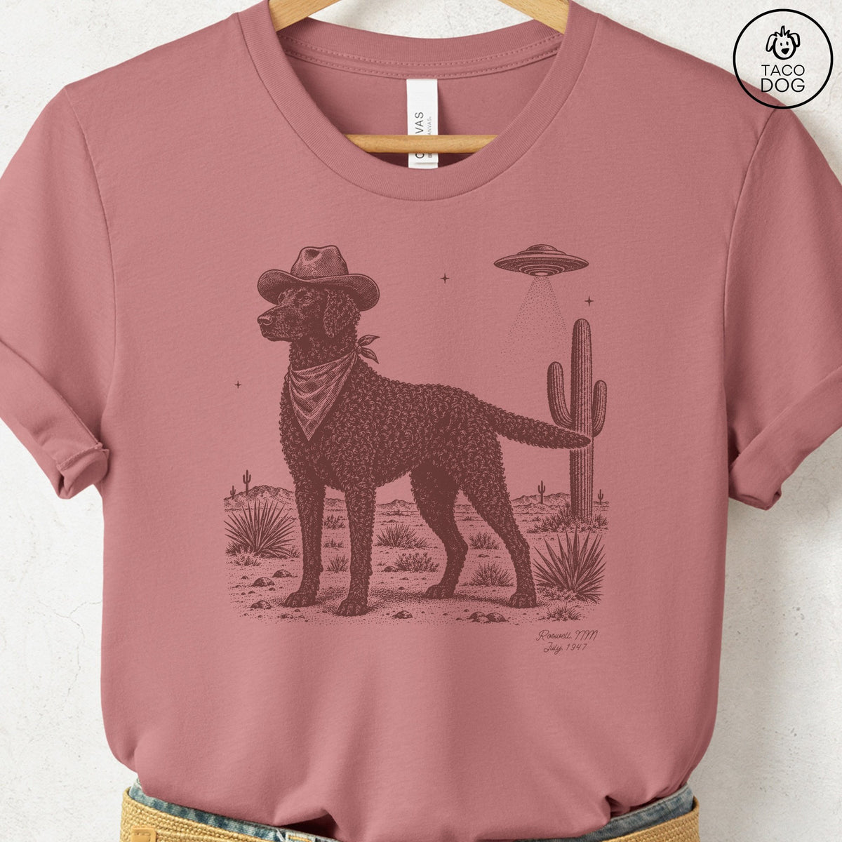 Curly-Coated Retriever Cowboy UFO T-Shirt Heather Mauve Taco-Dog