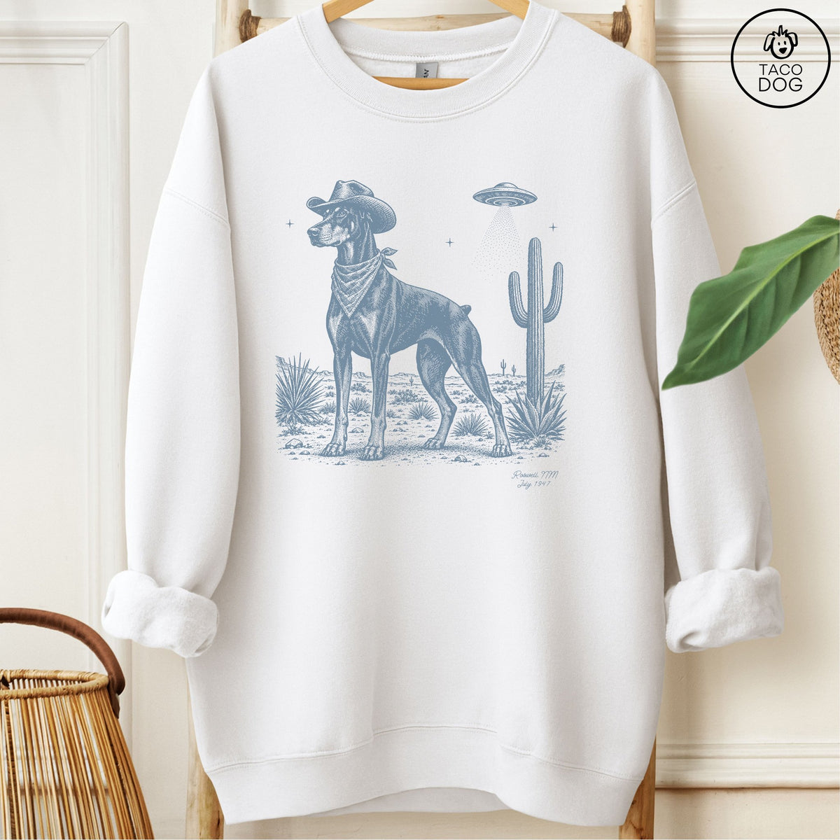 Doberman Cowboy UFO Sweatshirt White Taco-Dog