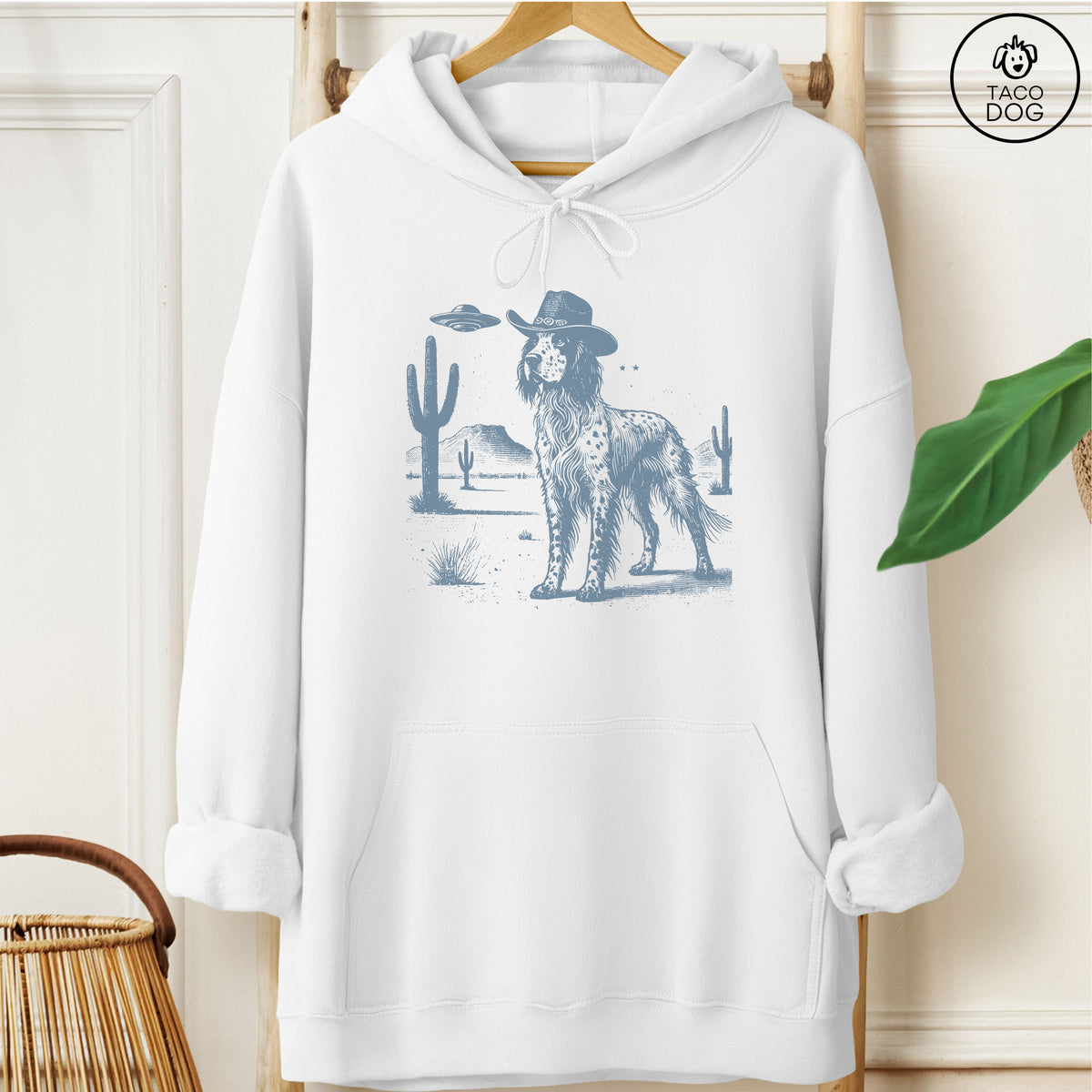 English Setter Cowboy UFO Hoodie White Taco-Dog