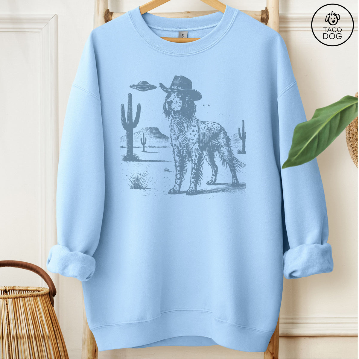 English Setter Cowboy UFO Sweatshirt Light Blue Taco-Dog