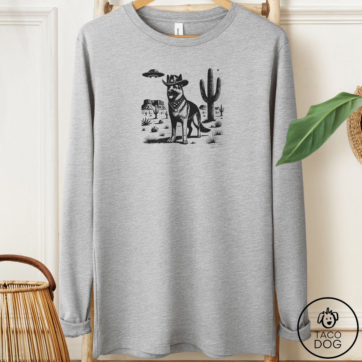 German Shepherd Cowboy UFO Long Sleeve Tee Athletic Heather Taco-Dog