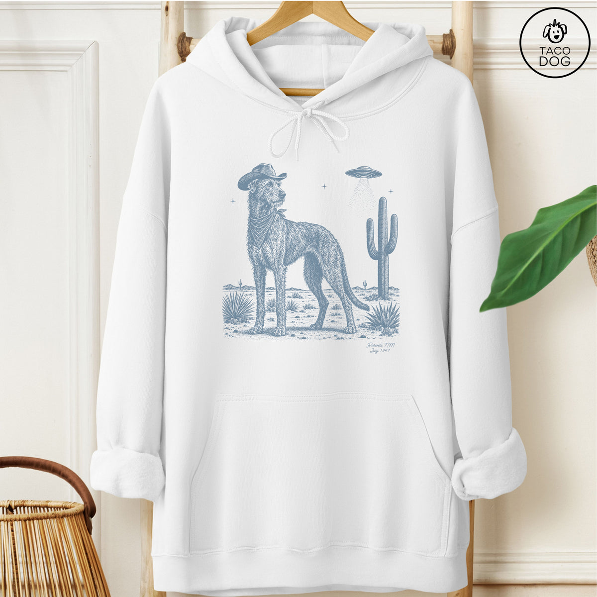 Irish Wolfhound Cowboy UFO Hoodie White Taco-Dog