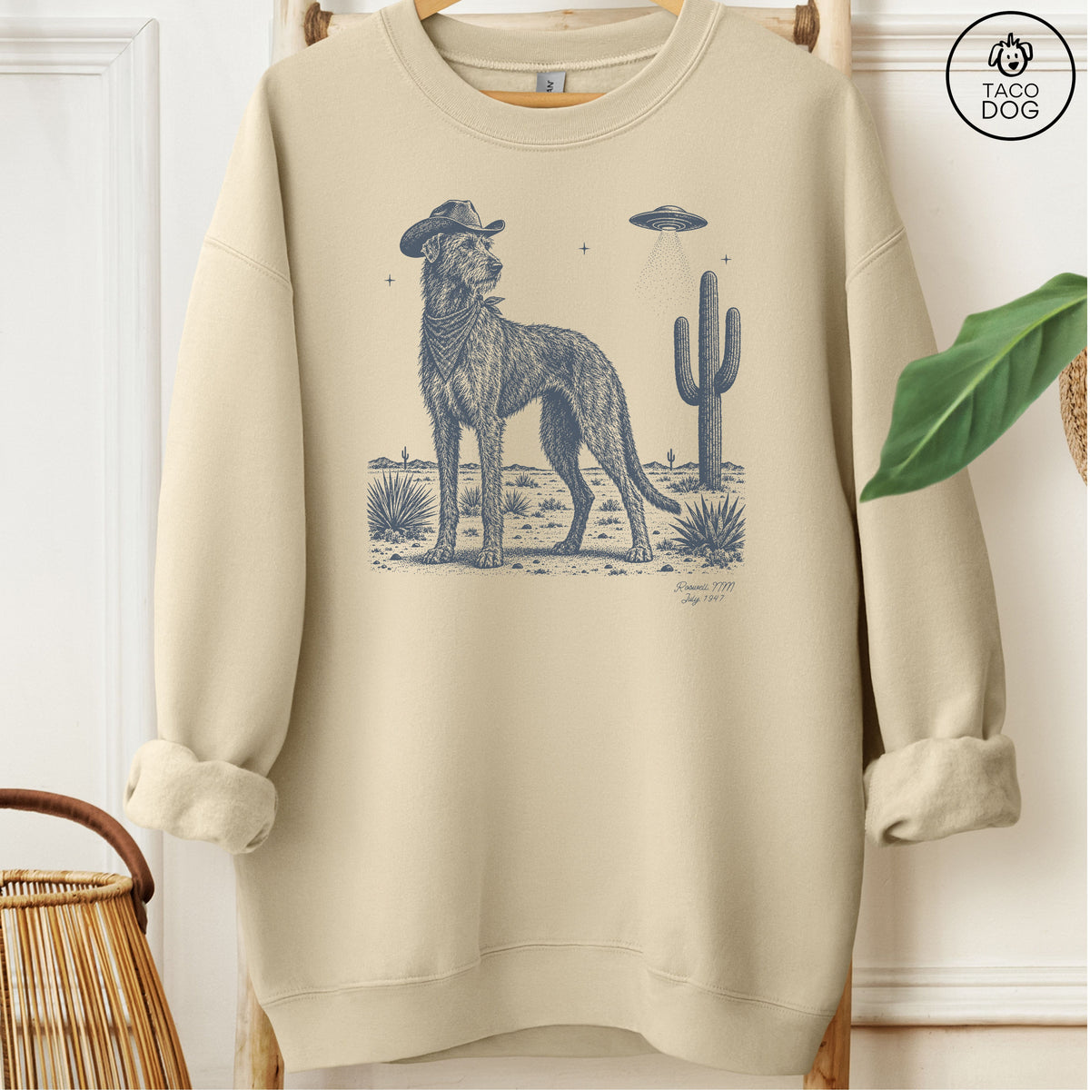 Irish Wolfhound Cowboy UFO Sweatshirt Sand Taco-Dog