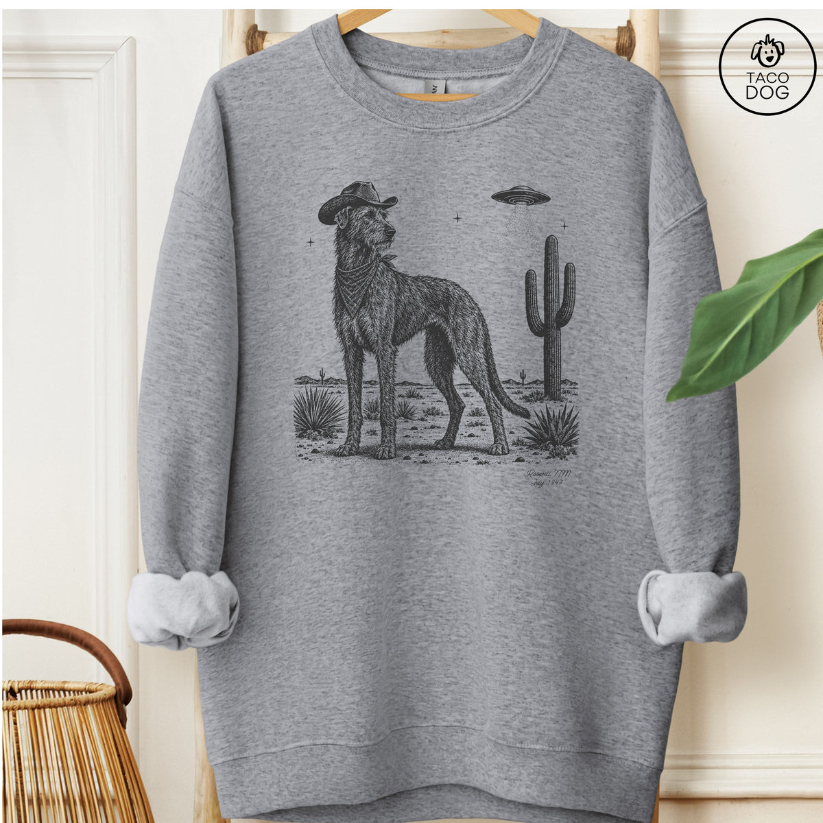 Irish Wolfhound Cowboy UFO Sweatshirt Graphite Heather Taco-Dog