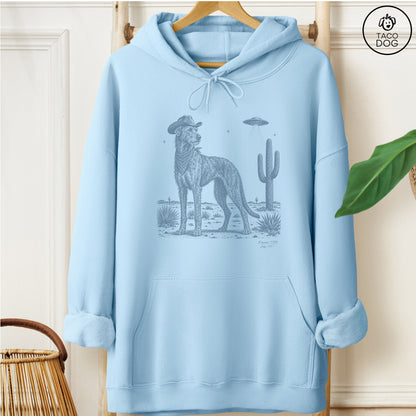 Irish Wolfhound Cowboy UFO Hoodie Light Blue Taco-Dog