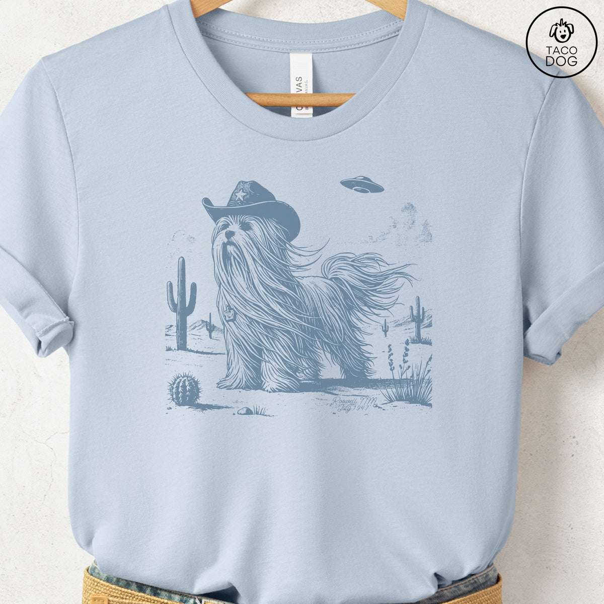 Maltese Cowboy UFO T-Shirt Light Blue Taco-Dog