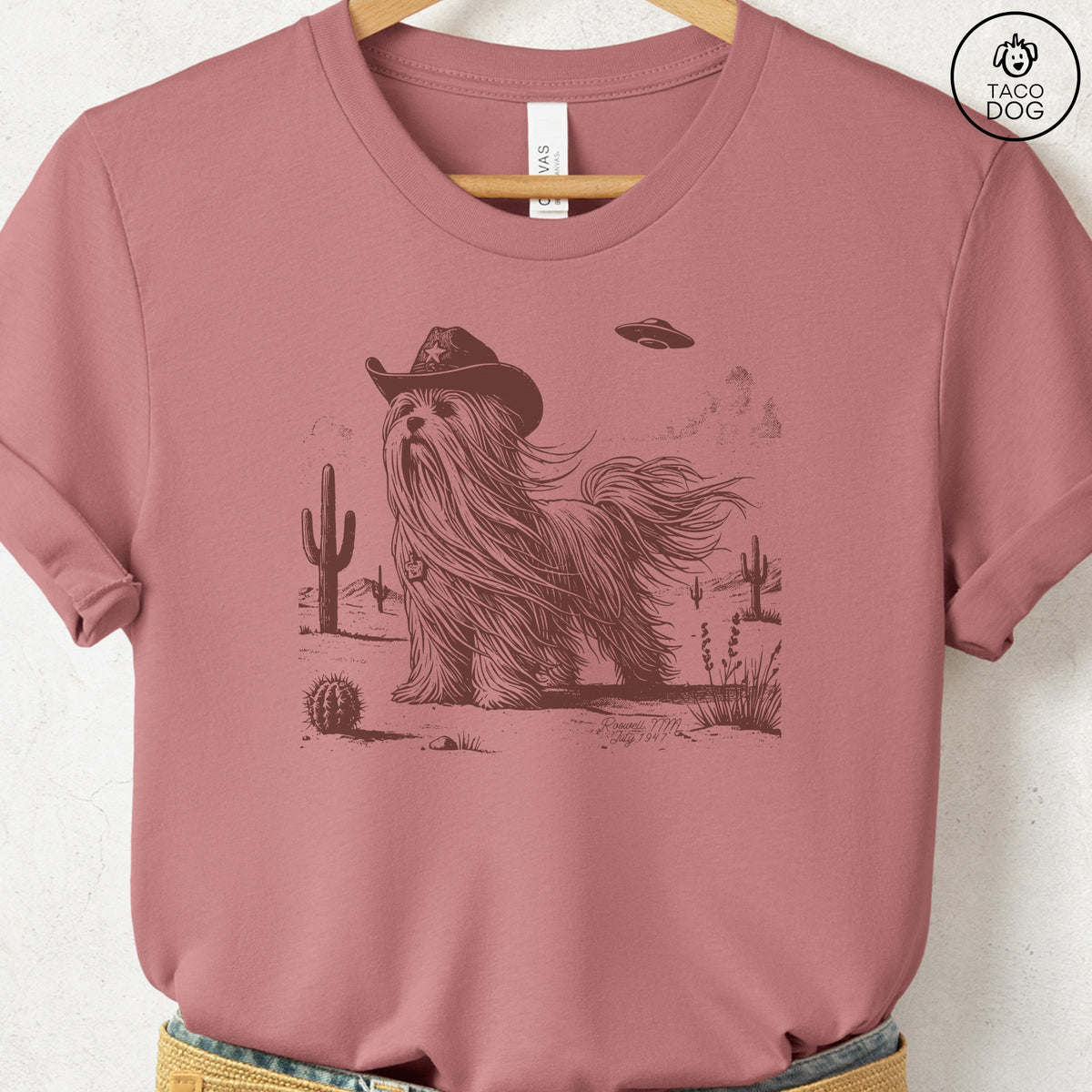 Maltese Cowboy UFO T-Shirt Heather Mauve Taco-Dog