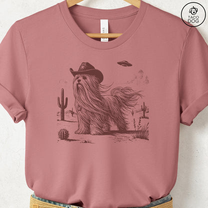 Maltese Cowboy UFO T-Shirt Heather Mauve Taco-Dog