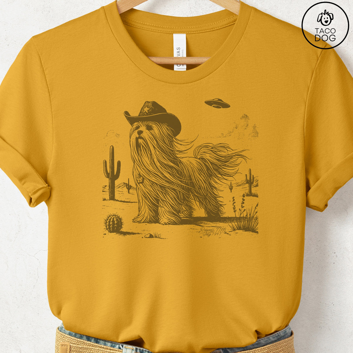 Maltese Cowboy UFO T-Shirt Mustard Taco-Dog