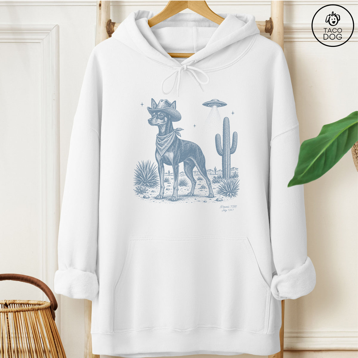 Miniature Pinscher Cowboy UFO Hoodie White Taco-Dog