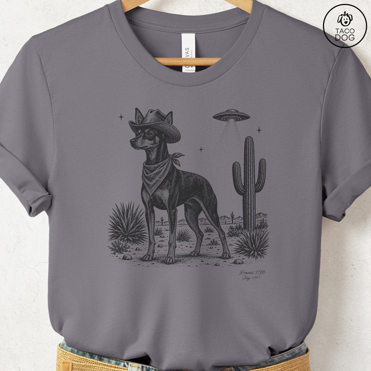 Miniature Pinscher Cowboy UFO T-Shirt Storm Taco-Dog
