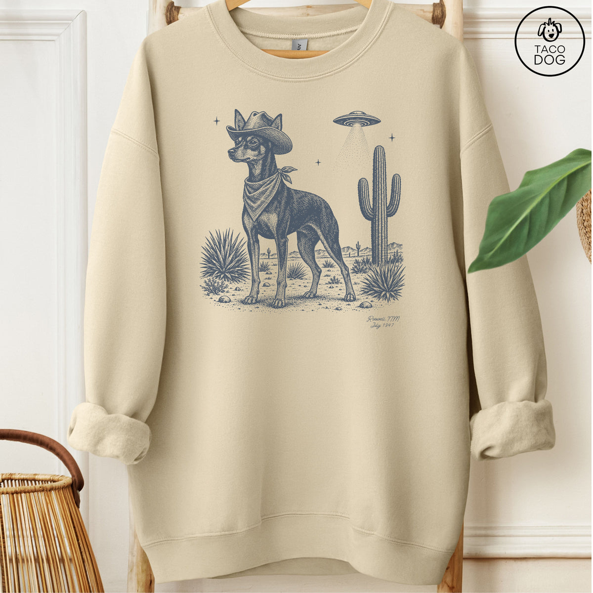 Miniature Pinscher Cowboy UFO Sweatshirt Sand Taco-Dog