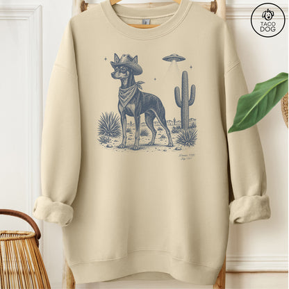 Miniature Pinscher Cowboy UFO Sweatshirt Sand Taco-Dog