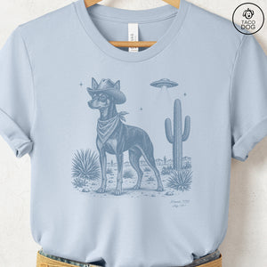 Miniature Pinscher Cowboy UFO T-Shirt Light Blue Taco-Dog