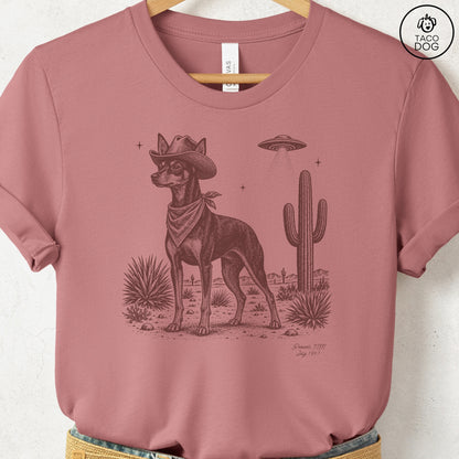 Miniature Pinscher Cowboy UFO T-Shirt Heather Mauve Taco-Dog
