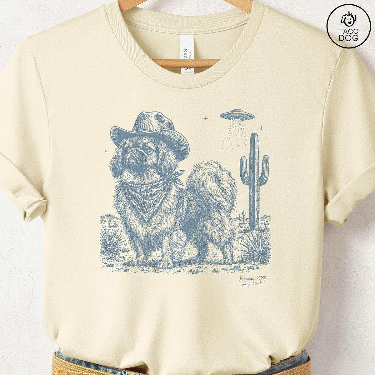 Pekingese Cowboy UFO T-Shirt Natural Taco-Dog