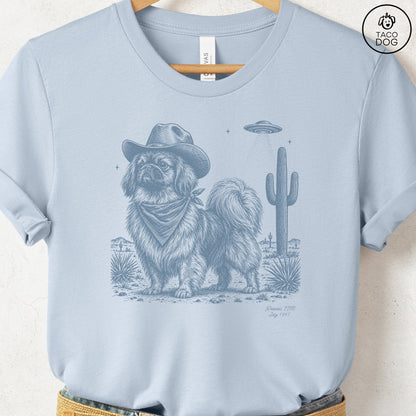 Pekingese Cowboy UFO T-Shirt Light Blue Taco-Dog