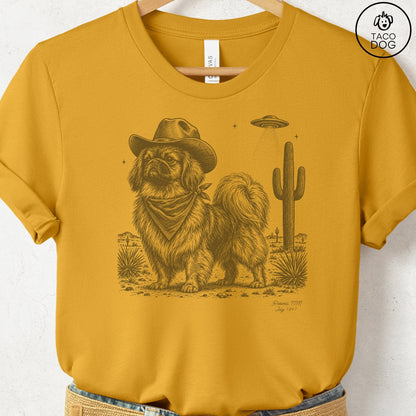 Pekingese Cowboy UFO T-Shirt Mustard Taco-Dog