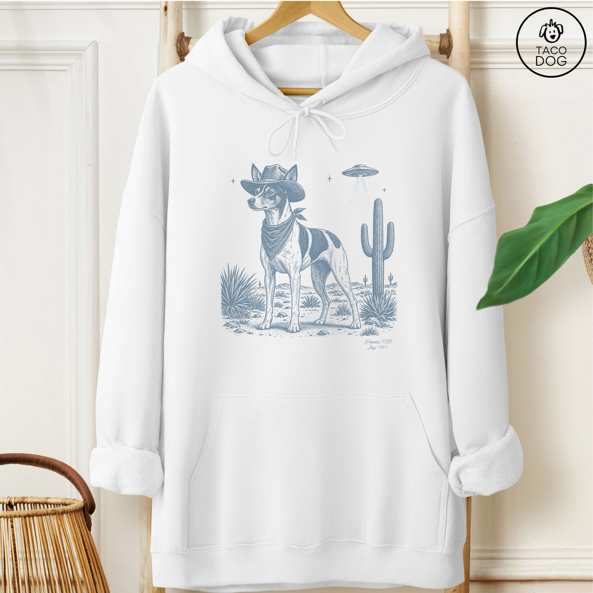 Rat Terrier Cowboy UFO Hoodie White Taco-Dog
