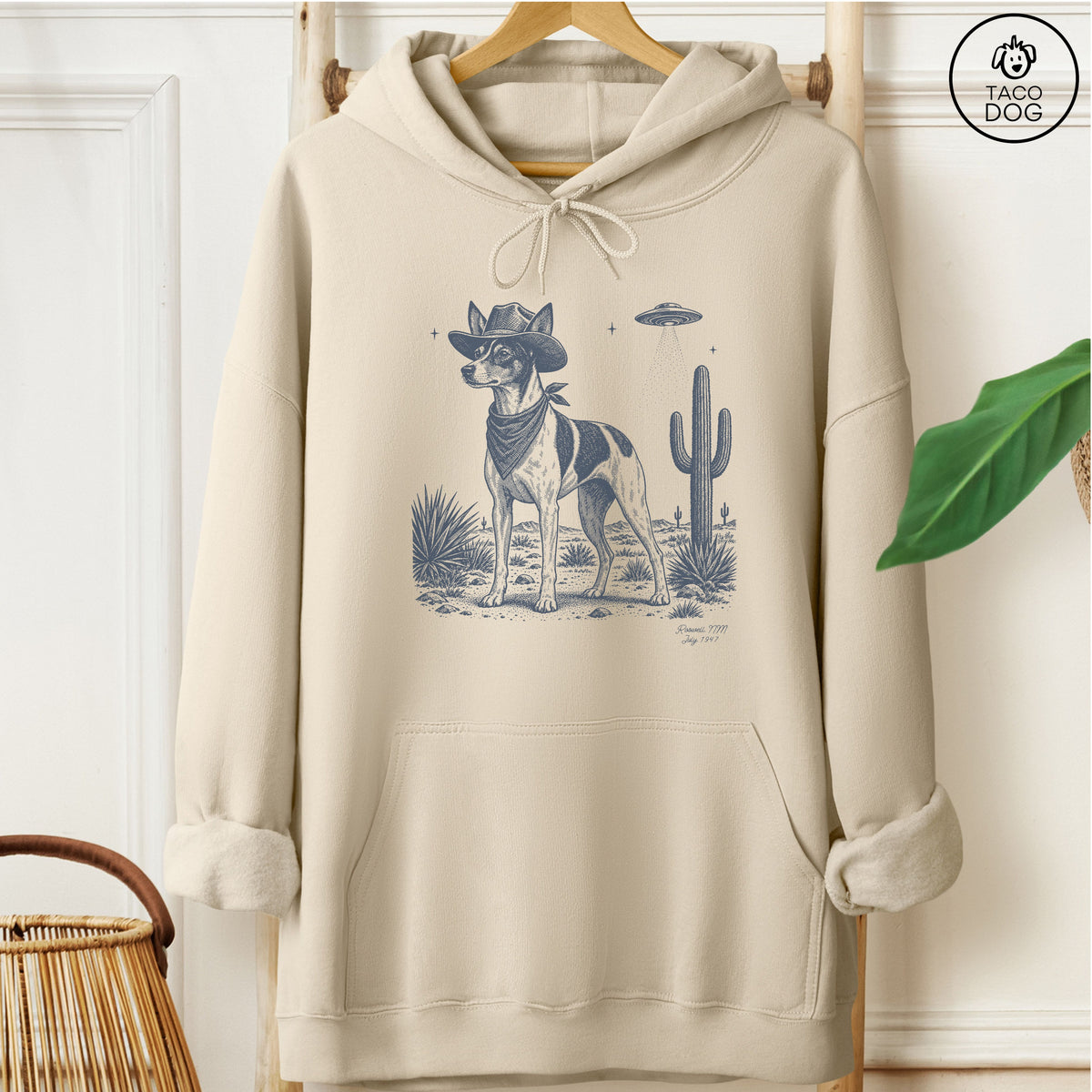 Rat Terrier Cowboy UFO Hoodie Sand Taco-Dog