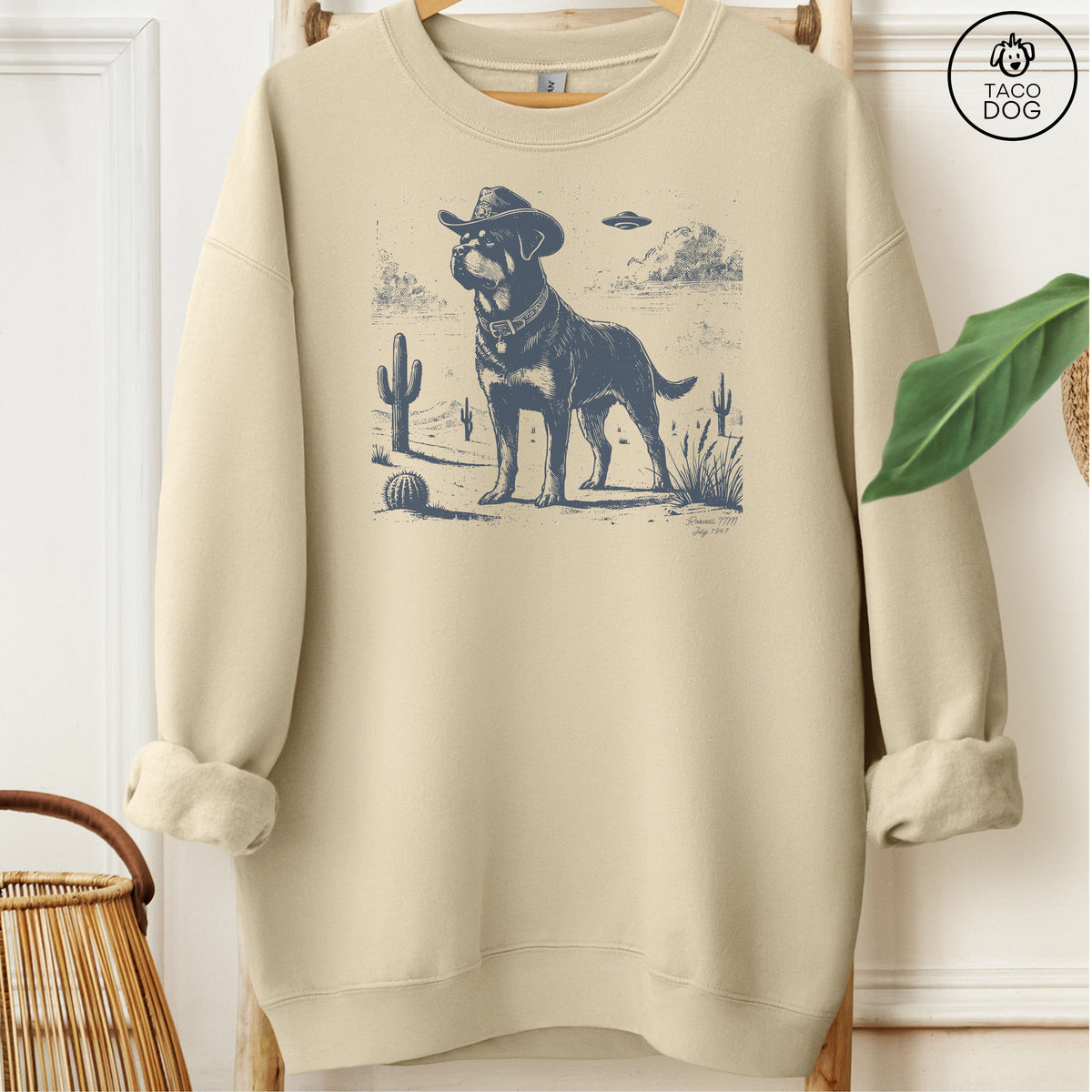 Rottweiler Cowboy UFO Sweatshirt Sand Taco-Dog