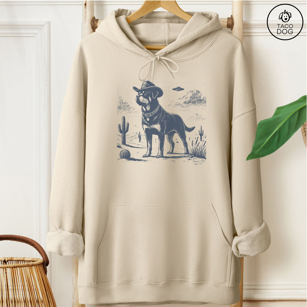 Rottweiler Cowboy UFO Hoodie Sand Taco-Dog