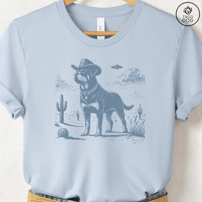 Rottweiler Cowboy UFO T-Shirt Light Blue Taco-Dog