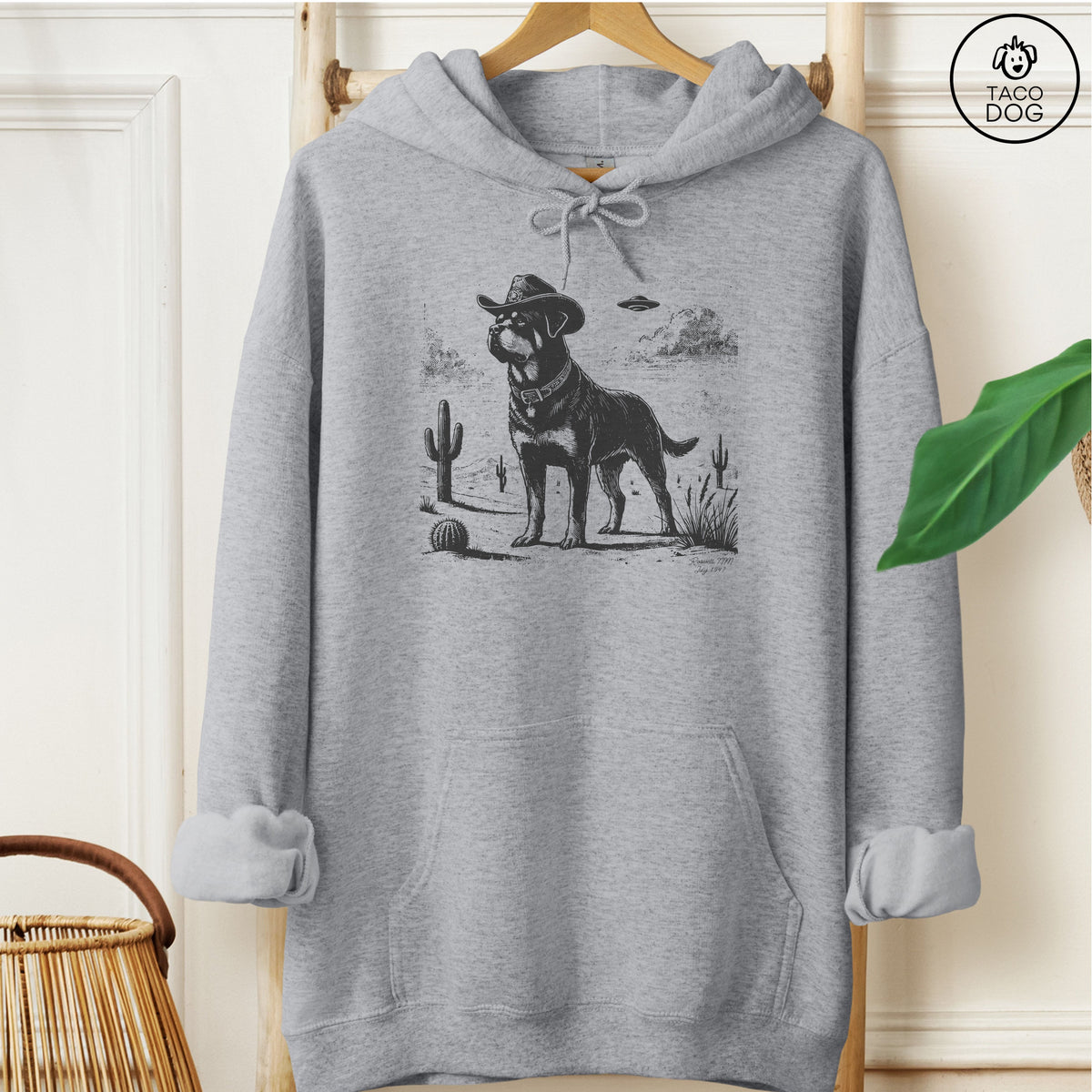 Rottweiler Cowboy UFO Hoodie Graphite Heather Taco-Dog