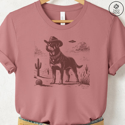 Rottweiler Cowboy UFO T-Shirt Heather Mauve Taco-Dog