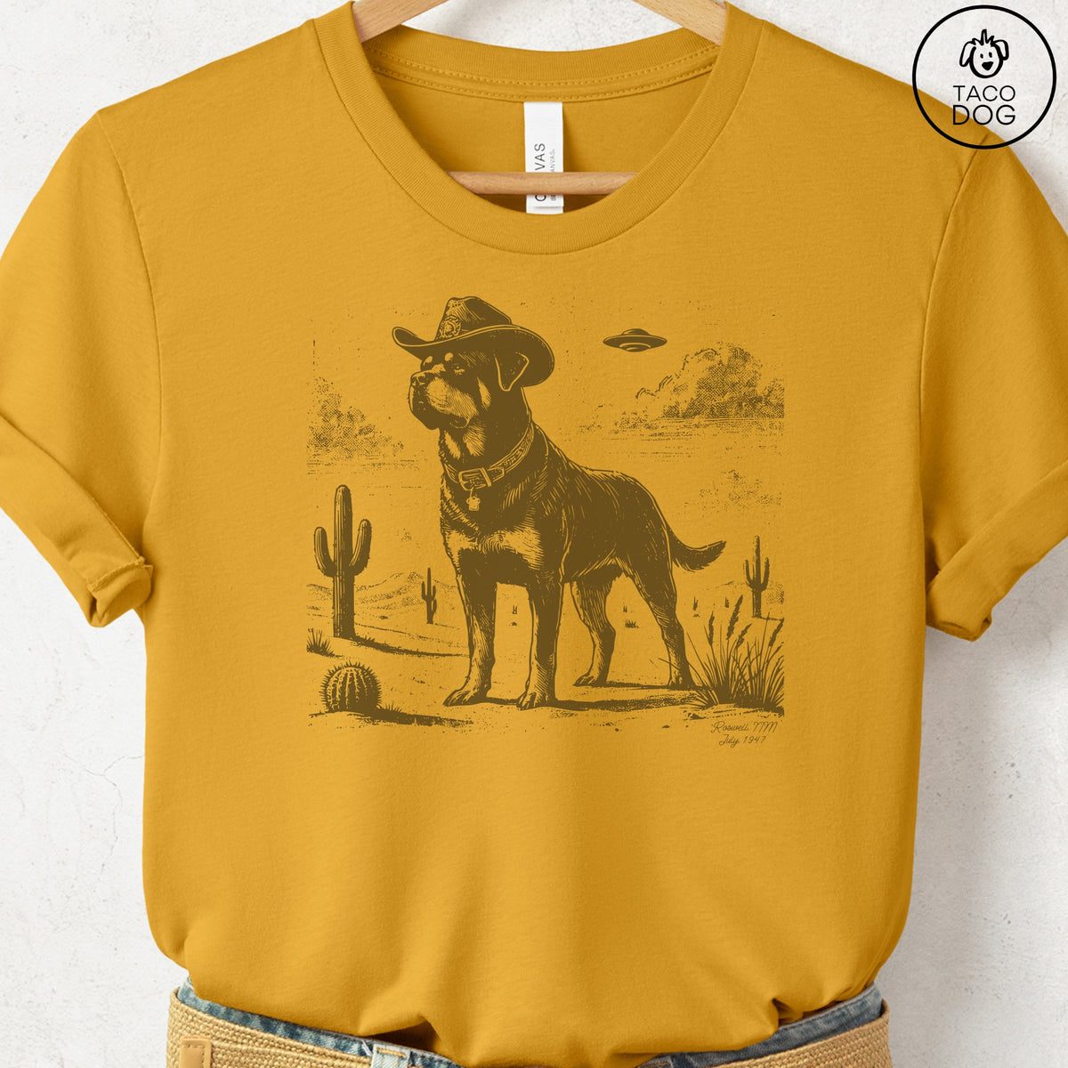 Rottweiler Cowboy UFO T-Shirt Mustard Taco-Dog