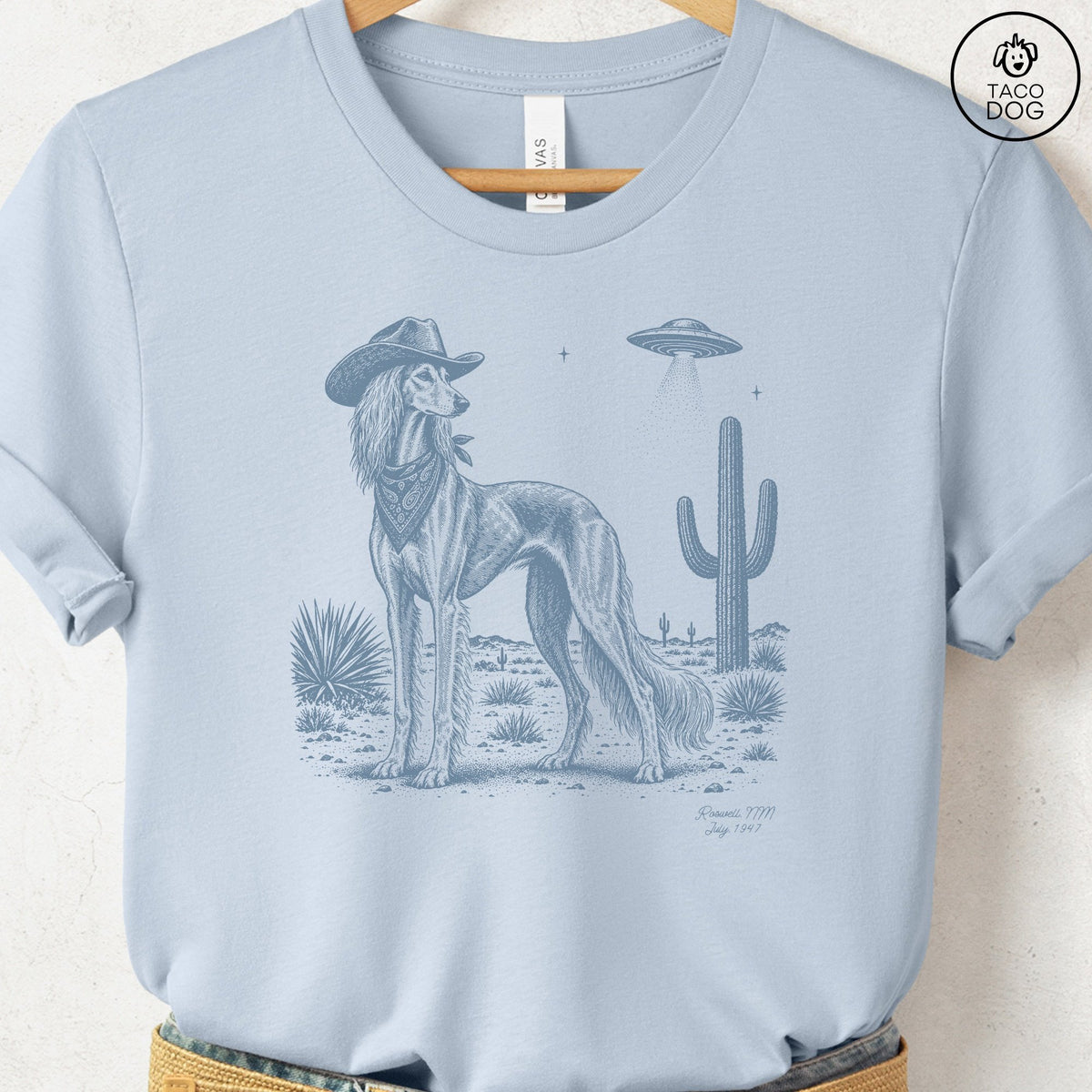Saluki Cowboy UFO T-Shirt Light Blue Taco-Dog
